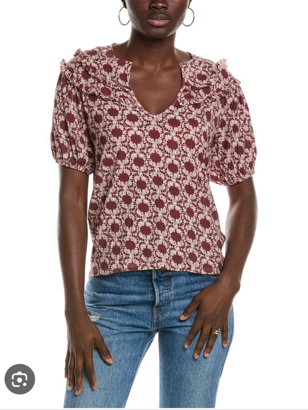 Nation Ltd. Judith Yoked Womens Burgundy Floral Ruffle Neck Puff Sleeve Top